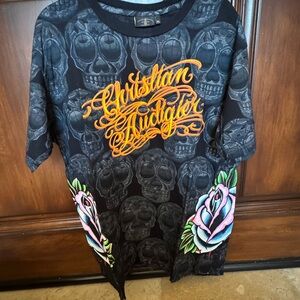 Christian Audigier Black Tee with Orange Accents